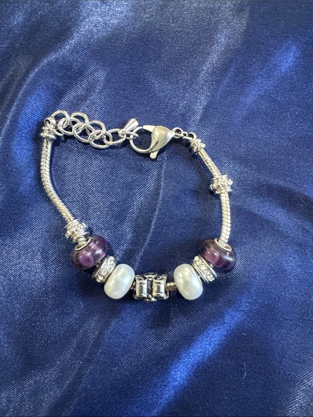 Silver Charm Bracelet with Purple Glass & White Pearl Beads